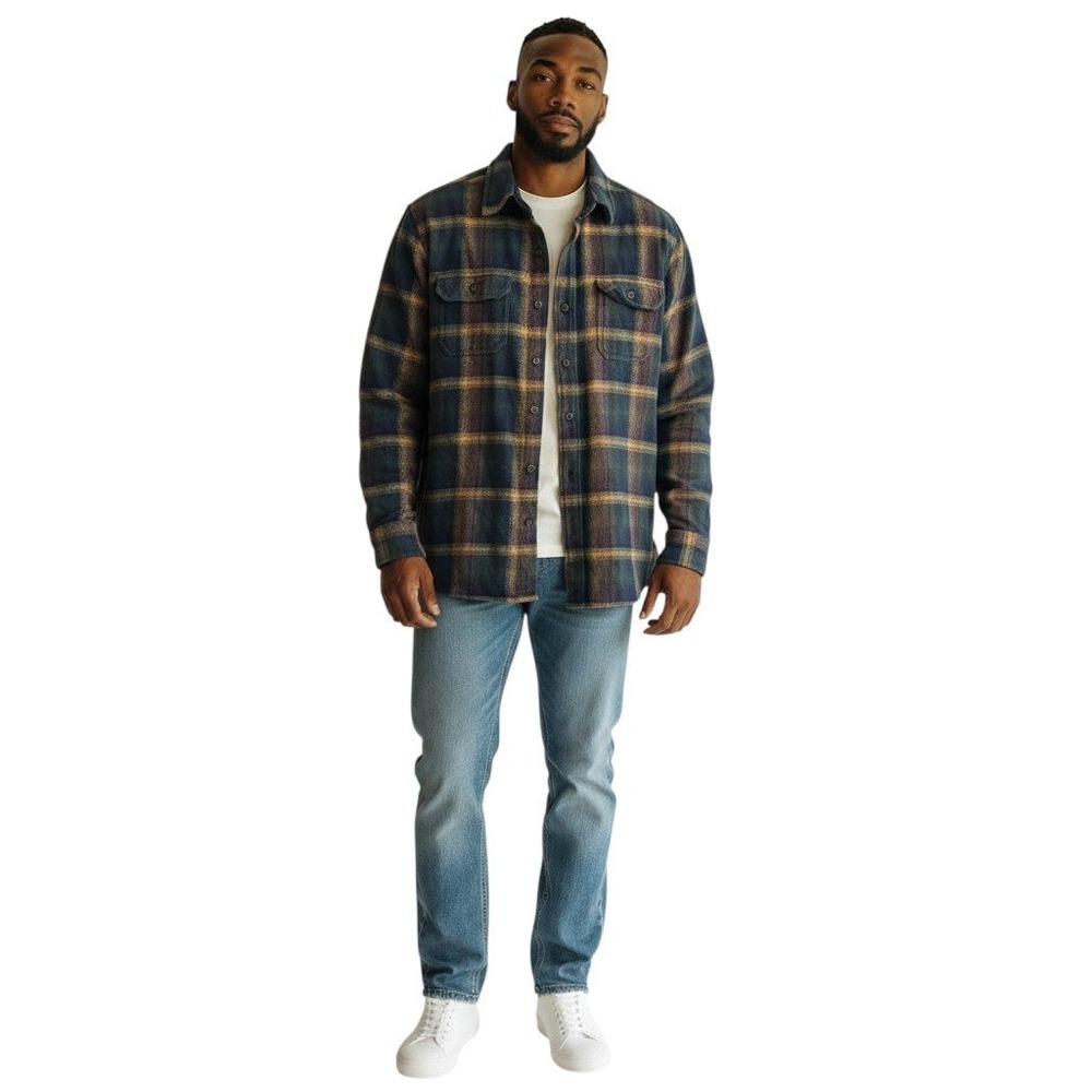 Orvis Mens Flannel Button Down Shirt Medium Blue Orange Plaid 100% Cotton